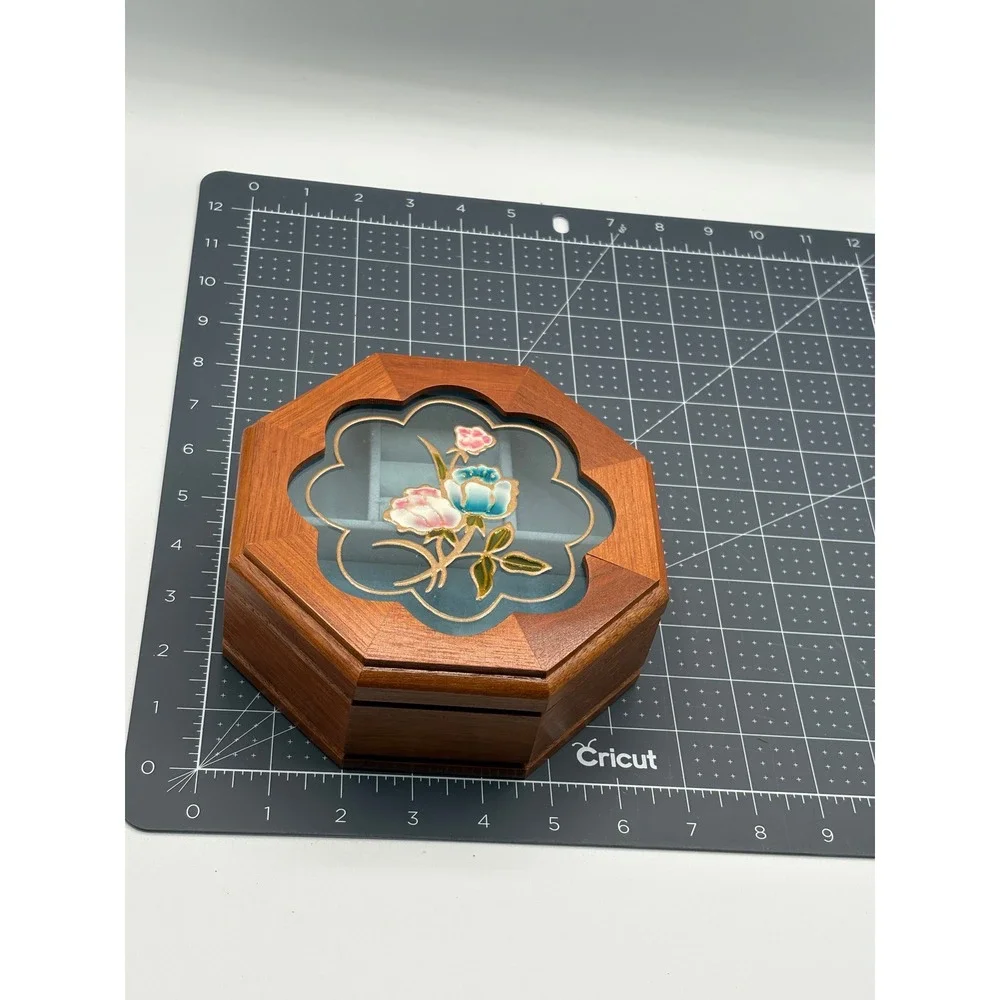 Vintage Mele Wooden Jewelry Box Octagon Floral Glass Lid Blue Velvet Interior